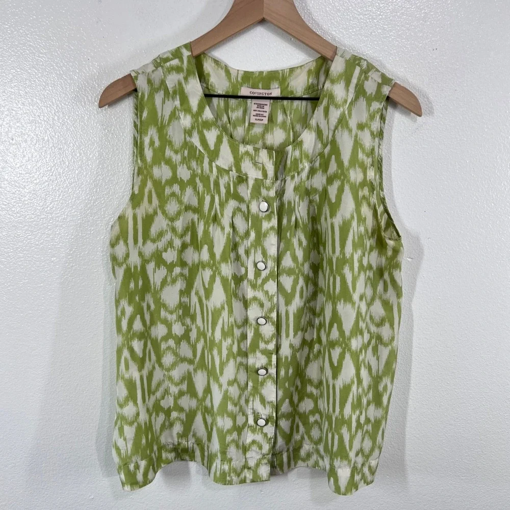 Covington Silk Tank Top Women's XLP Green White Abstract‎ Sleeveless Button Top